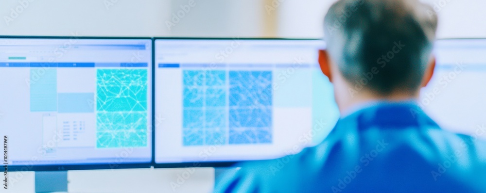 Poster Engineer Analyzing AI Data on Dual Monitors in High-Tech Facility