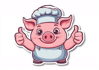 Fototapeta premium A funny cartoon pig chef character in a hat cooks food with a smile, a vector illustration for restaurant kitchen art