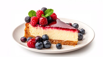 Cheese cake with berry on plate isolated on white background

