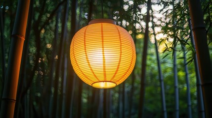 Obraz premium Elegant Traditional Japanese Paper Lantern Hanging in Forest
