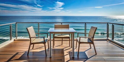 Fototapeta premium Scenic view of balcony table and chairs overlooking ocean