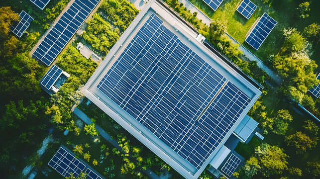 Aerial view of a large-scale data center powered by sustainable energy with solar panels on the roof, surrounded by greenery
