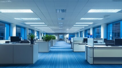 Modern office space with cubicles, plants, and computers, designed for productivity and collaboration.