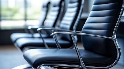 Fototapeta premium A row of modern office chairs with sleek design, suitable for business environments.
