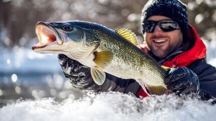 Obraz premium A man proudly holds a large fish in a snowy environment, showcasing a successful fishing trip.