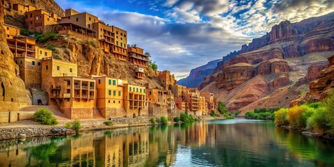 Scenic view of buildings along river in canyon with shallow depth of field