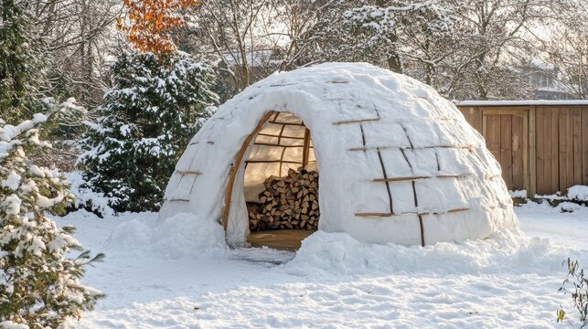 A snow-covered igloo with firewood stacked inside, surrounded by trees in a winter landscape.