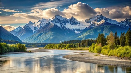 Scenic view of Chilkat River and mountains in Haines Alaska with shallow depth of field