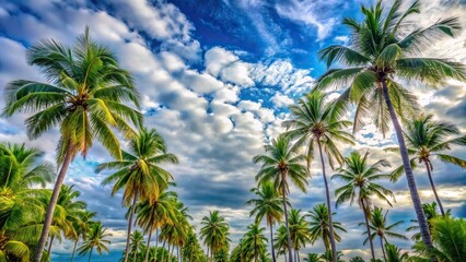 Obraz premium Scenic view of cloudy blue sky with trees and coconut palms