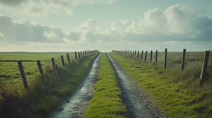 Obraz premium A serene dirt path stretches through a grassy landscape under a cloudy sky.