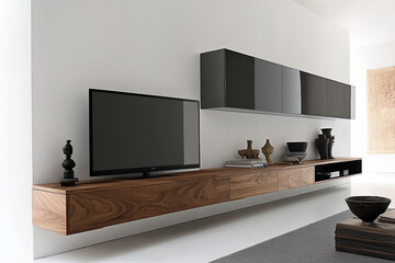 Contemporary wall-mounted TV unit on a white surface