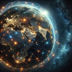 Global Artificial Intelligence Network Visualization: Futuristic Digital Connectivity Across Continents with Data Flow, AI Integration, and Worldwide Communication in Space View
