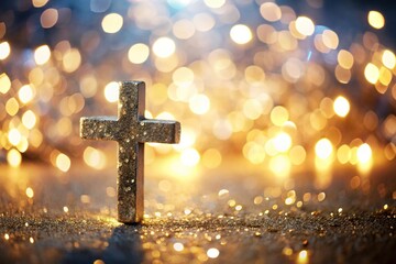 Shimmering cross on tilted angle with bokeh light background