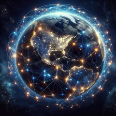 Obraz premium Global Artificial Intelligence Network Visualization: Futuristic Digital Connectivity Across Continents with Data Flow, AI Integration, and Worldwide Communication in Space View