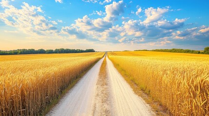 Fototapeta premium A serene dirt road stretches through golden wheat fields under a bright blue sky with fluffy clouds.