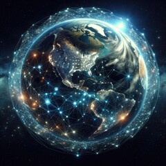 Obraz premium Global Artificial Intelligence Network Visualization: Futuristic Digital Connectivity Across Continents with Data Flow, AI Integration, and Worldwide Communication in Space View