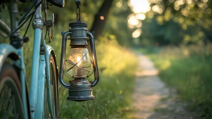 Vintage Lantern Hanging on Antique Bicycle by Pathway