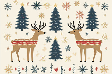 Naklejka premium Seamless Christmas pattern with simple reindeer, pine trees, and snowflakes