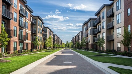 Obraz premium Modern apartment complex with landscaped pathways and blue skies.