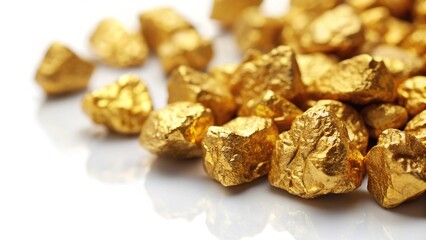 Shimmering gold nuggets on white background low angle