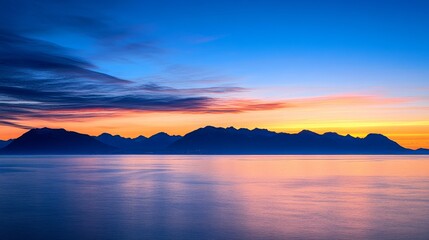 Fototapeta premium A serene sunset over a mountain range reflected in calm waters, creating a tranquil atmosphere.