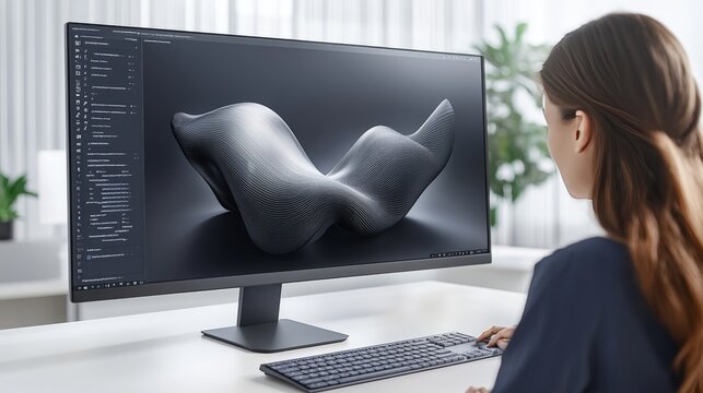 Woman Designing 3D Model on Computer Software Development Technology Innovation Workspace