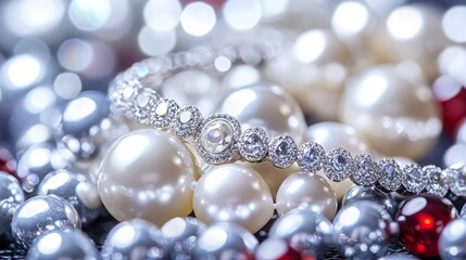 A close-up of elegant jewelry featuring pearls and diamonds, showcasing luxury and sophistication.