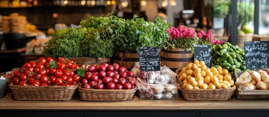 Fresh produce on display in a market, featuring tomatoes, red onions, potatoes, and garlic.