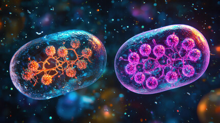 Microscopic View of Cells in a Blue and Purple Background