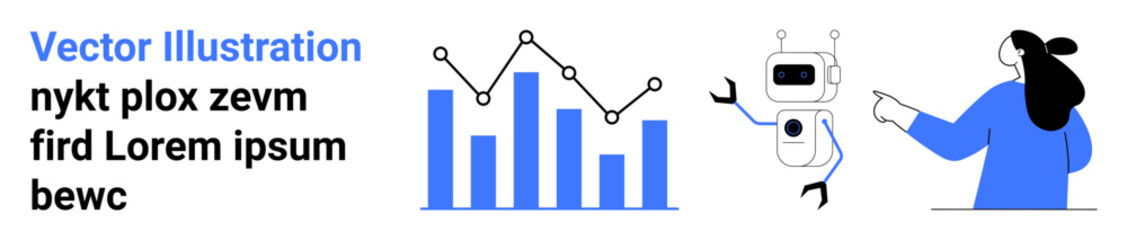 Bar graph and line chart analysis with a robot and a person interacting. Ideal for technology, business analytics, artificial intelligence, data visualization, and digital collaboration. Banner