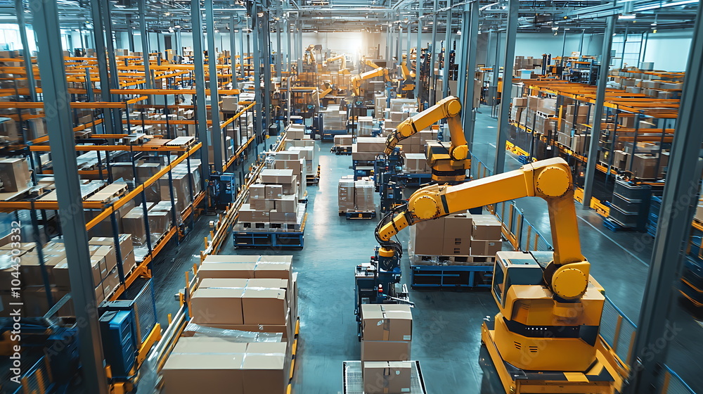 Poster Innovative automated warehouse utilizing robots for efficient storage and inventory management in modern industry settings