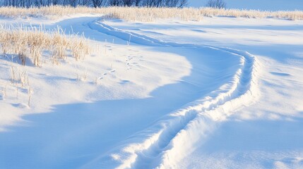 A snowy landscape with tracks leading through the white terrain, showcasing nature's winter beauty.