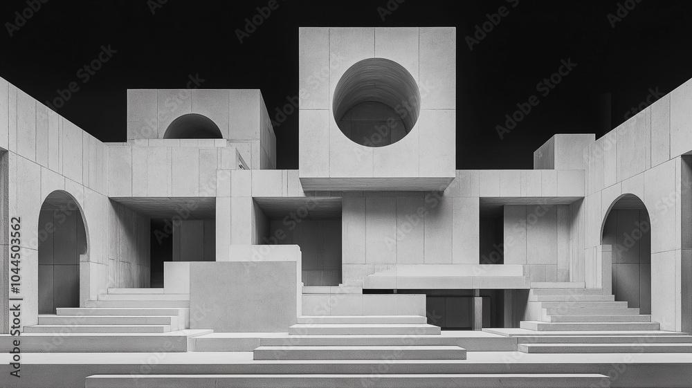 Poster a large building with a circular window in the middle. the building is made of concrete and has a mo