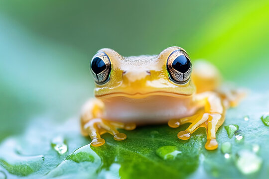 Macro image of a tiny frog on a wet leaf