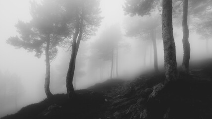 Obraz premium A foggy forest with trees and a misty atmosphere. The trees are tall and the sky is cloudy