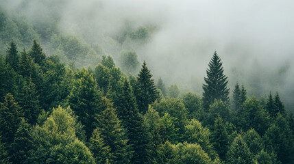 The foggy forest is peaceful and quiet. The trees are thick and green, with lots of different shades.