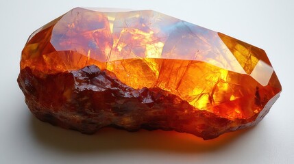 A stunning amber gemstone glistens under natural light, showcasing its rich hues and intricate internal patterns