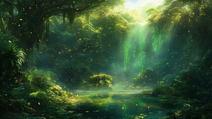 Obraz premium Enchanting Forest Waterfall with Glowing Lights and Tranquil Pond