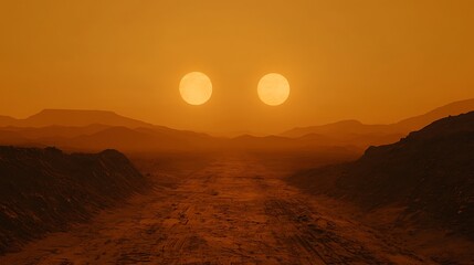 In a desert realm the enchantment of dual suns creating mesmerizing shimmering mirages across the arid landscape
