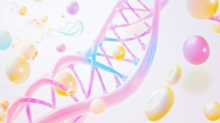 double helix structure of DNA, featuring intricate strands and base pairs in vibrant colors, illuminated against a dark background.