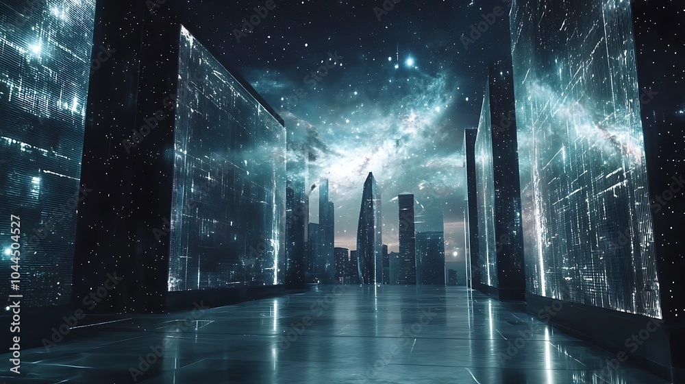 Poster exploring a futuristic urban landscape with transparent walls and cosmic views in a stunning digital