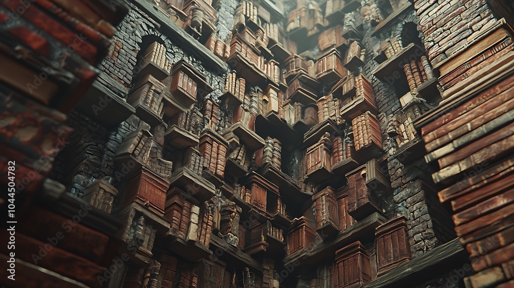Poster A towering library of books constructed with spines as bricks showcasing the fusion of literature and architecture