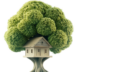 A whimsical representation of a house merging with a lush tree, symbolizing nature and eco-friendly living.