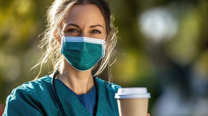 Healthcare worker enjoying coffee break outdoors