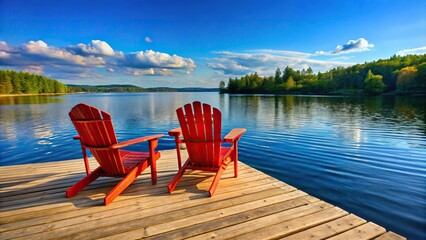 Scenic view of Muskoka or Adirondack Chairs on a dock by the water