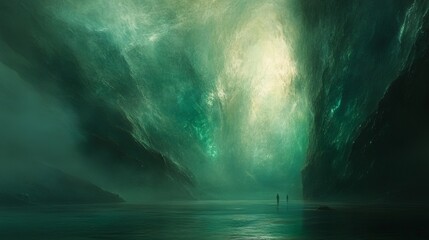 Naklejka premium Ethereal Green Landscape With Two Figures Serene River and Foggy Sky