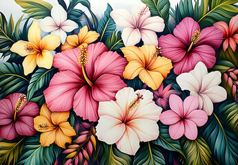 Fototapeta premium Vibrant Tropical Flower Painting with Hibiscus Blooms