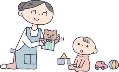 赤ちゃんと遊ぶ保育士の女性