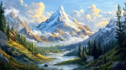 Obraz premium A majestic snowy peak rising above a tranquil forested valley, symbolizing the awe-inspiring power and beauty of nature