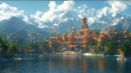 Obraz premium Scenic view of a grand castle by a tranquil lake and mountains.